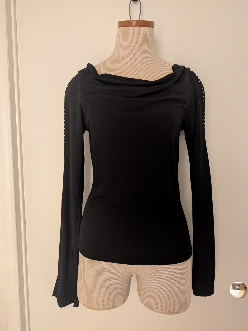 rave Black Long-Sleeve Cowl Neck Top with Shoulder Stud Trim